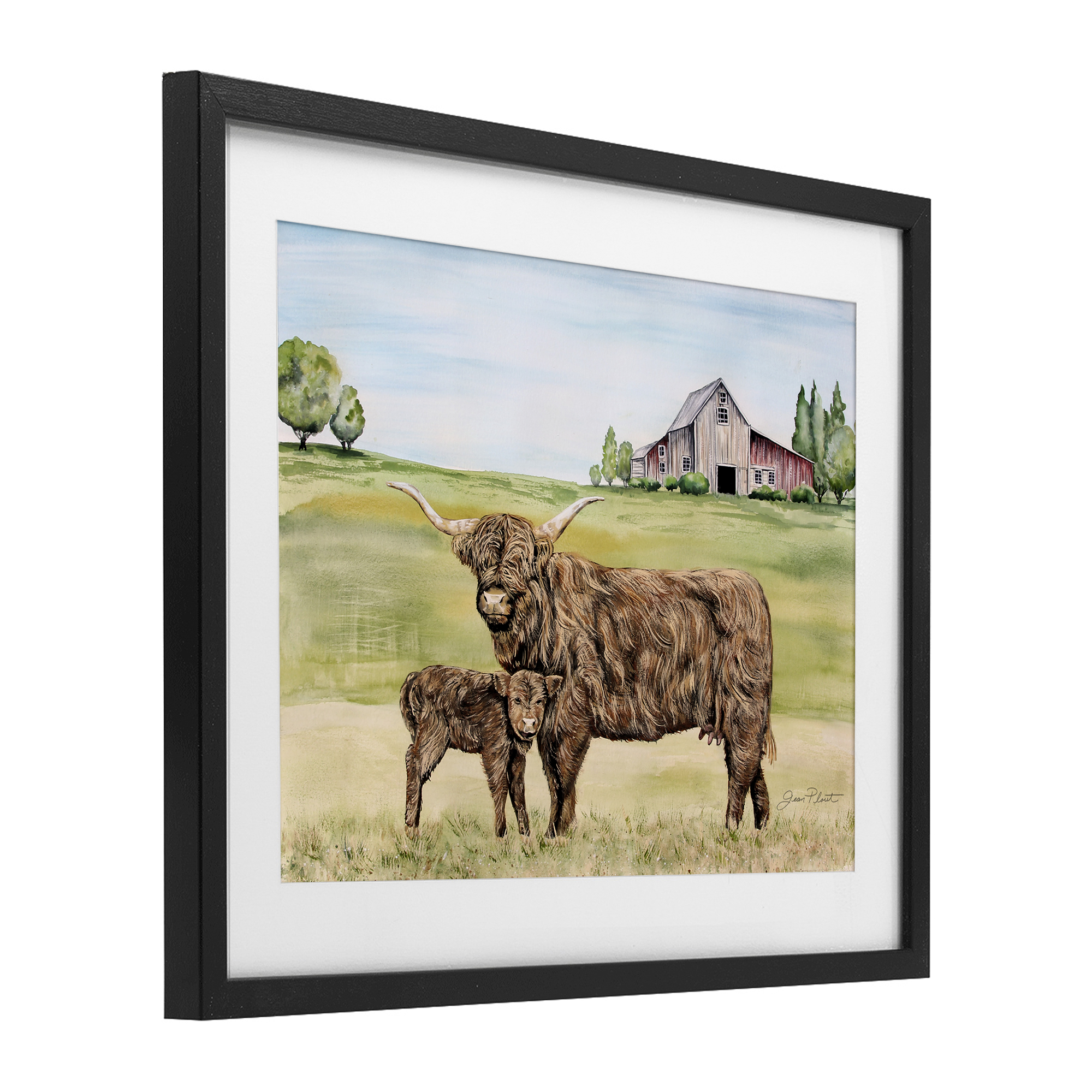 Highland Cow And Calf Black Framed Print Under Glass, design by Jean Plout