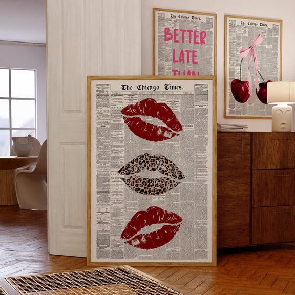 Retro Newspaper Kiss Lips Trendy Leopard Girly Preppy Dorm Decor, Unframed Paper Poster 11x14in