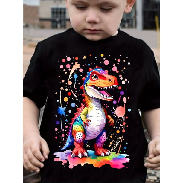 Colorful Cartoon Dinosaur Graphic Print Tee, Boys' Casual & Trendy Crew Neck Short Sleeve T-shirt For Spring & Summer, Boys' Clothes For Everyday Life