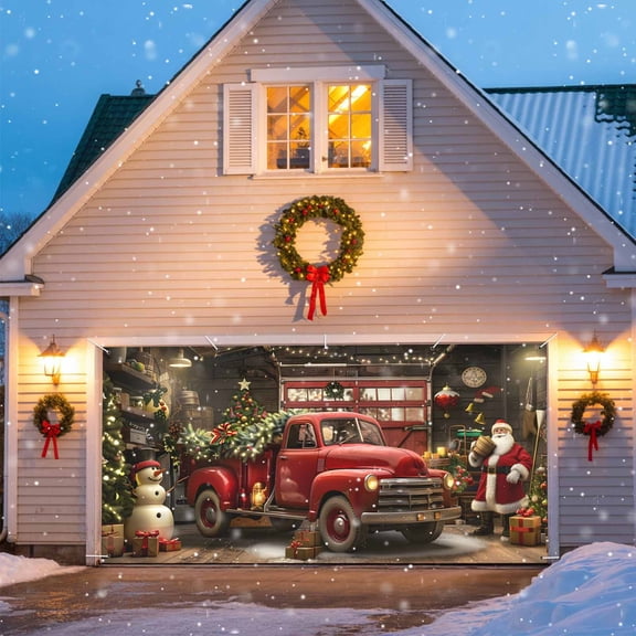 Christmas Red Garage Door Banner Covers, Truck Xmas Tree Large Hanging Indoor/Outdoor Backdrop Background for Christmas Winter Party Decor, 6x13 FT
