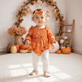 thumbnail image 2 of RUINIXCW Newborn Baby Girl Halloween Outfit Smocked Bubble Romper Infant Baby Girl Fall Clothes Pumpkin Print Long Sleeve Bodysuit Jumpsuit Headband, 2 of 10