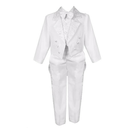 Boys White 5 Piece Vest Pants Tail Jacket Jacquard Tuxedo Suit