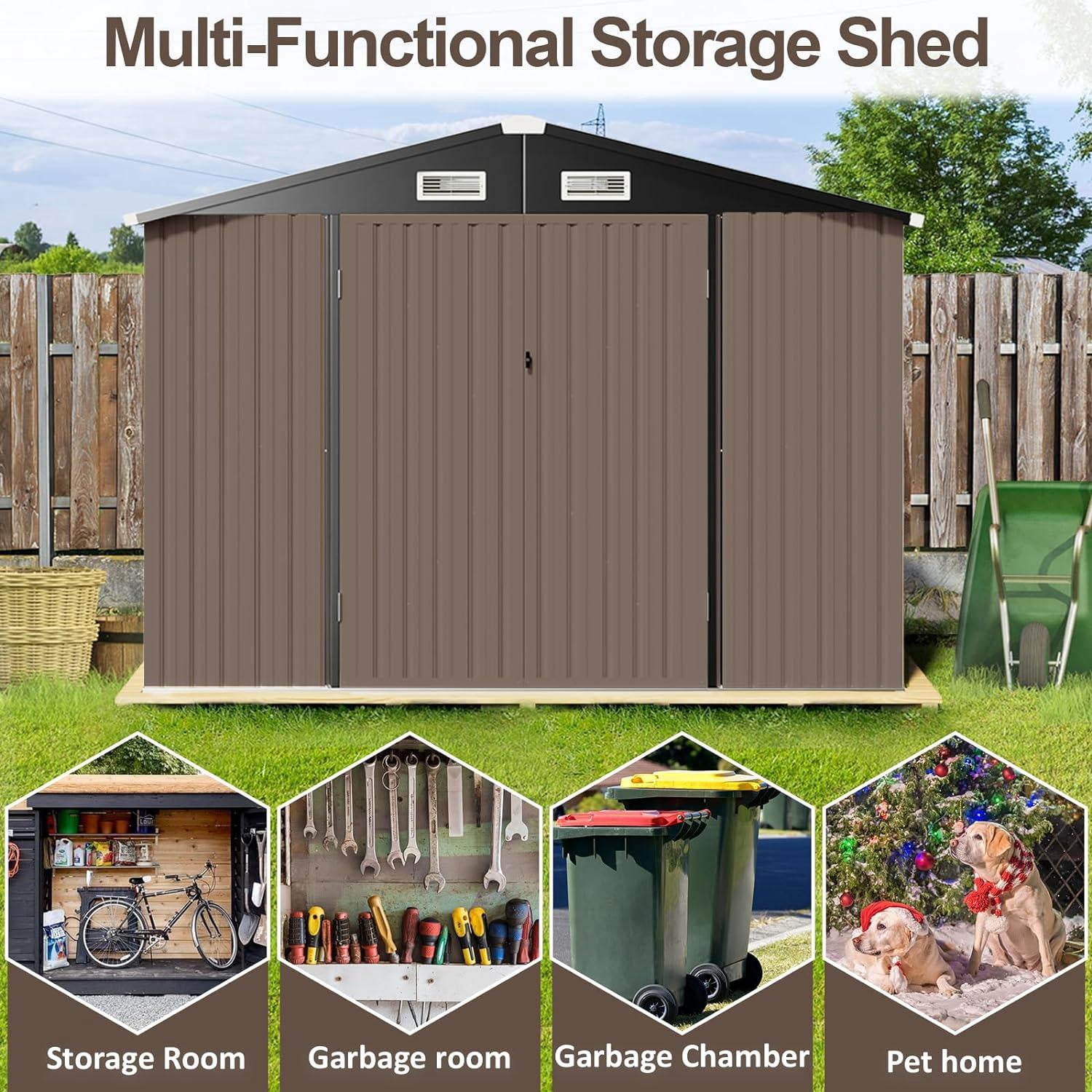 Outdoor Storage Shed, 8.5x5.6 FT, Metal Storage Shed with Door & Lock, Steel Utility Tool Shed with Base Frame for Backyard Garden Patio Lawn, Brown