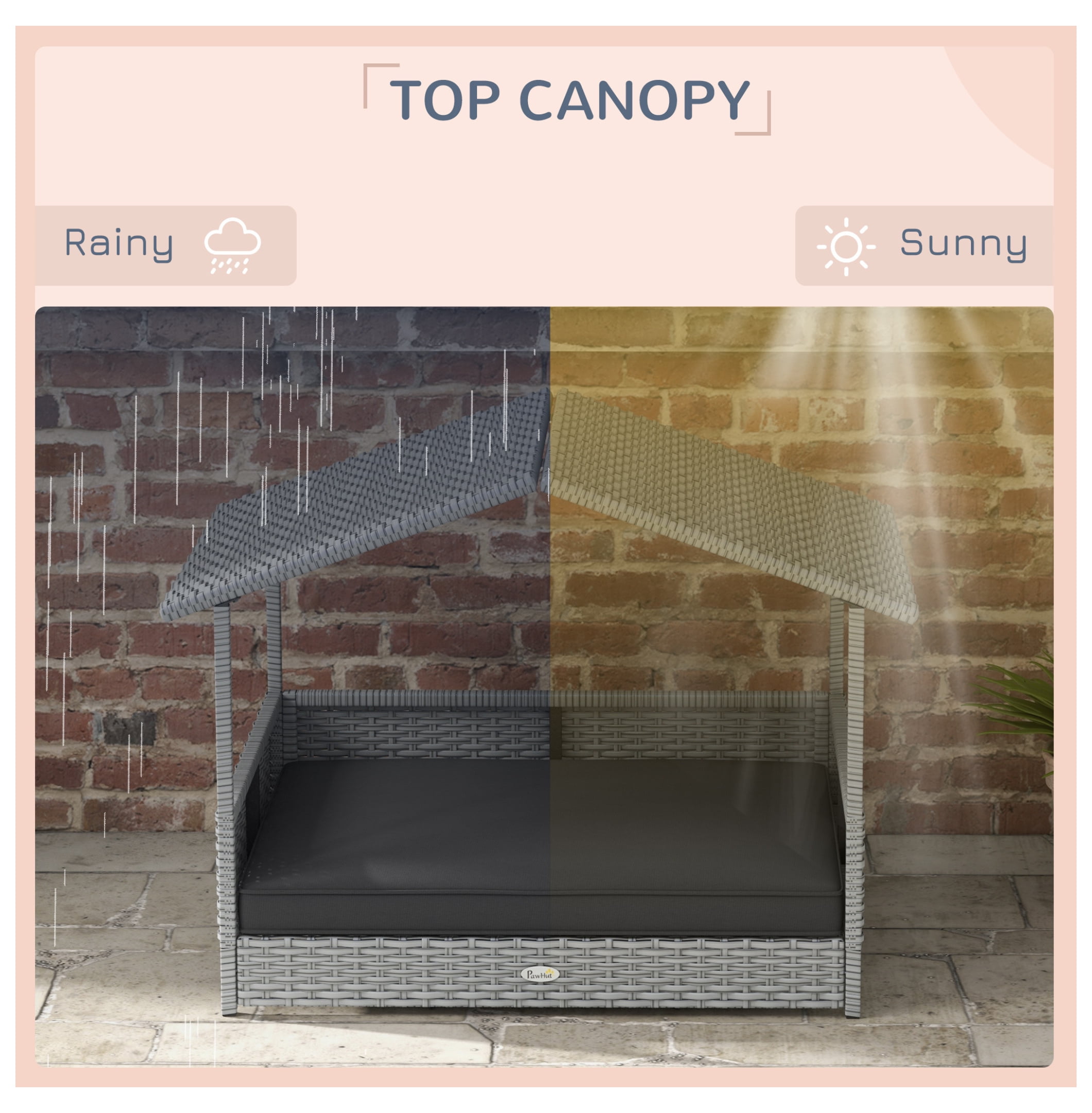 Wicker Dog House Outdoor - PawHut Rattan Dog Bed with Canopy - Gray - Small Medium Dogs - Water-resistant Cushion - Durable Pet Shelter