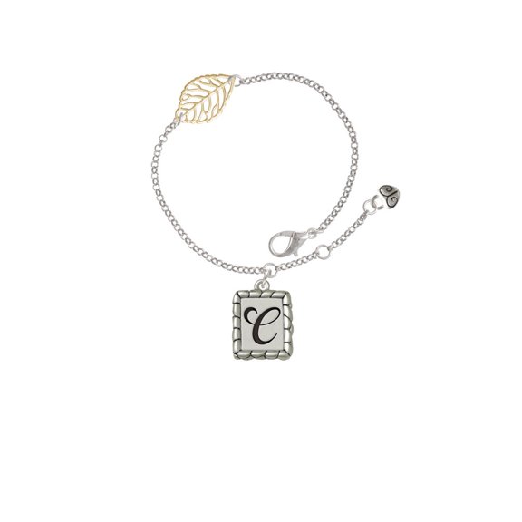 Delight Jewelry Silvertone Pebble Border Initial - C - Goldtone Leaf Delicate Bracelet, 6.25+1.75"