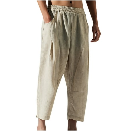 CHEEREAM Mens Cotton Linen Tapered Cropped Pants Summer Casual Elastic Waist Lounge Trousers Plus Size Beige M