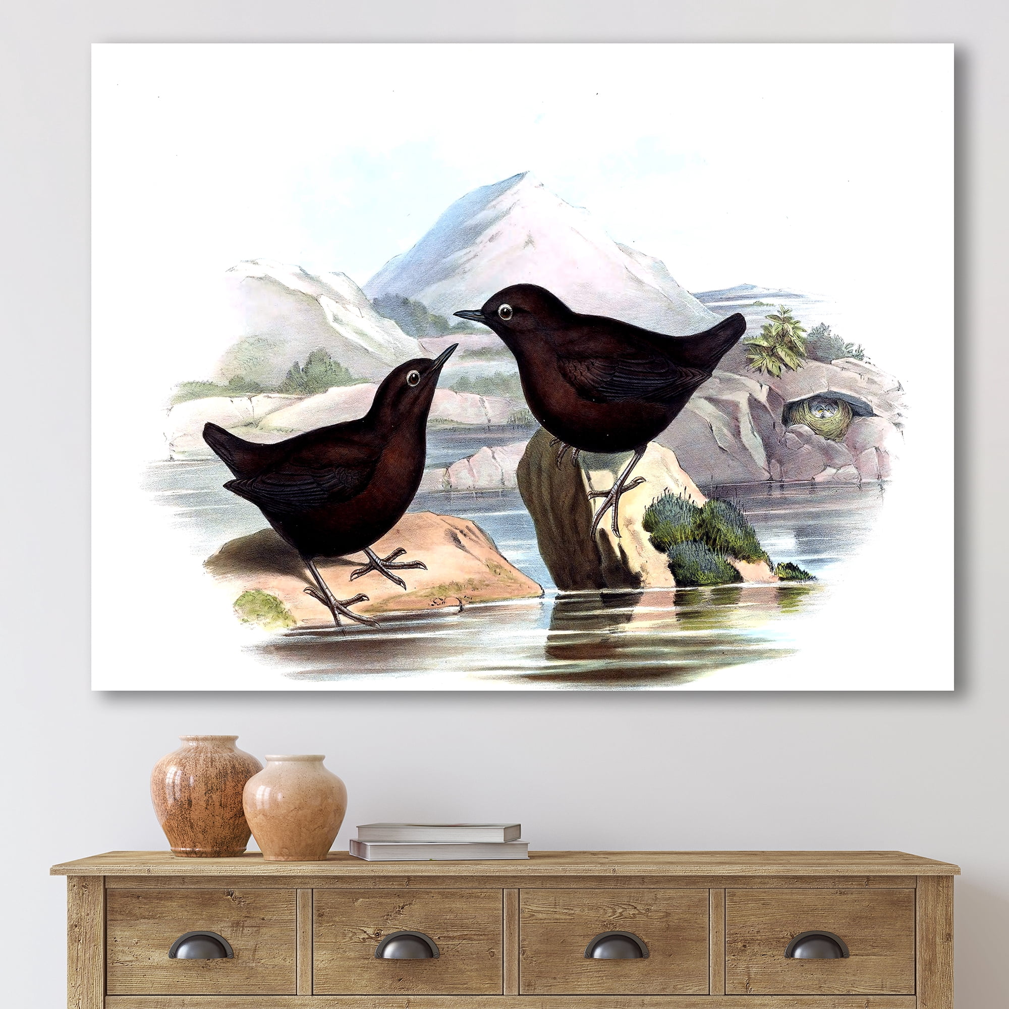 Designart ' Vintage Countryside Two Birds ' Farmhouse Canvas Wall Art Print
