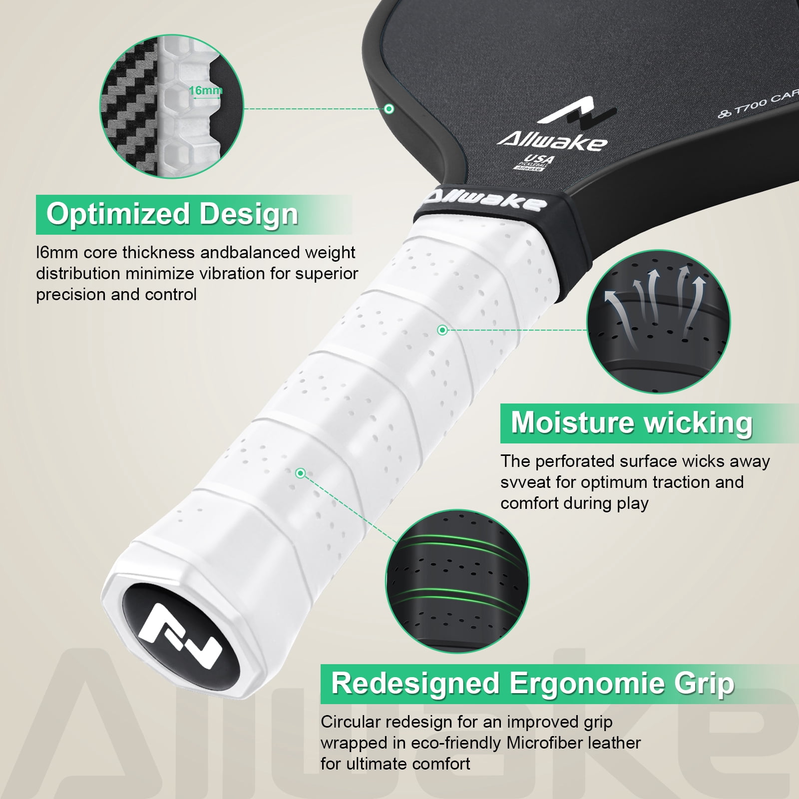 Allwake Pickleball Paddles, Multi-Layer T700 Textured Carbon Fiber Pickleball Paddle, USAPA Approved Pickle Ball Paddle, Strong Power and Spin Surface