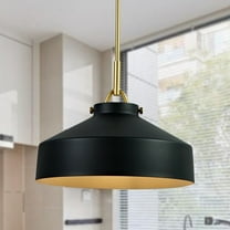 Industrial Round Matte Black Shade Shade 16 Inch Pendant with Brass Pole, Hand-polished Ceiling Light with Metal, Unique Elegant Ceiling Lamp, Pendant Lighting for Living Room, Dining Room, Bedroom