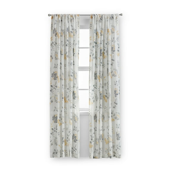 Mainstays Yellow Floral 100% Cotton Indoor Sheer Rod Pocket Single Curtain Panel , White , 50" W x 84"L