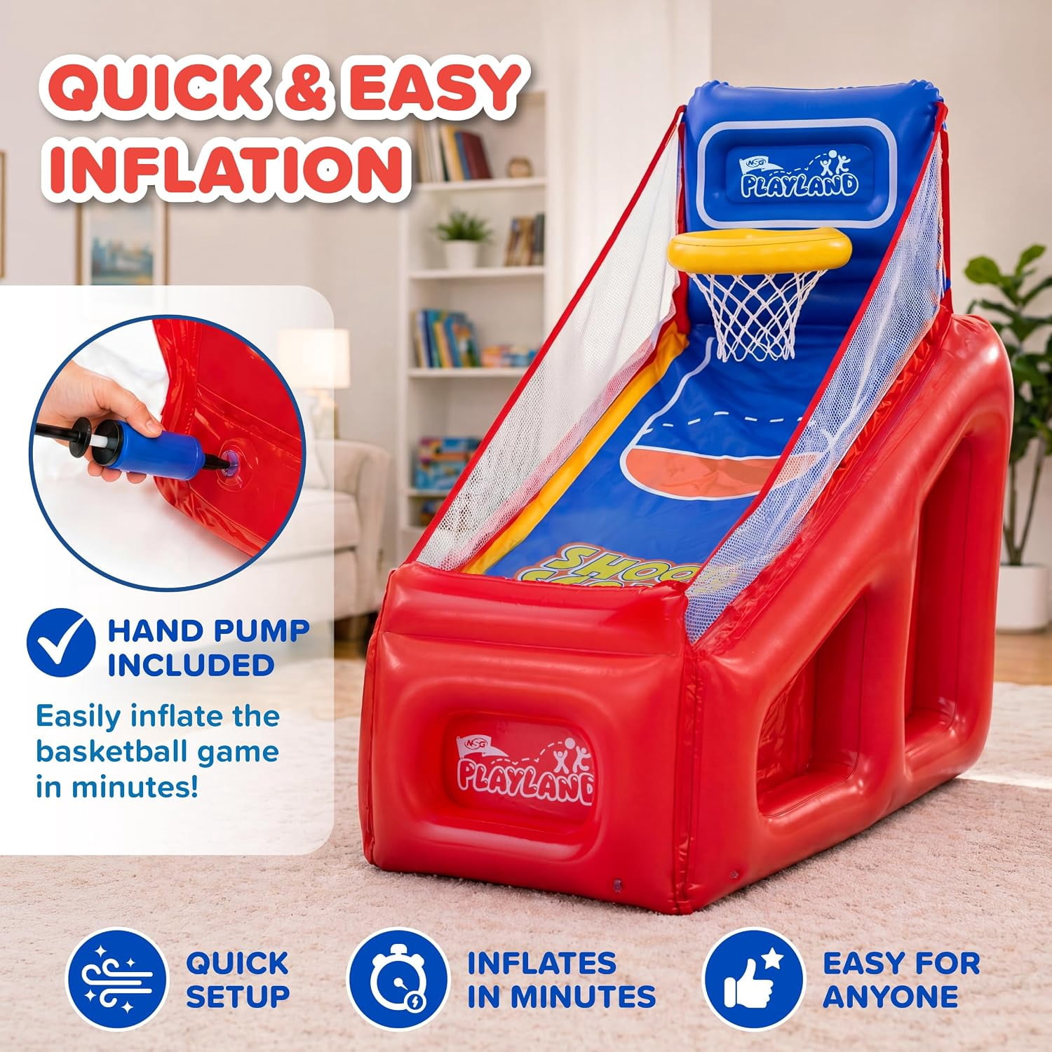 NSG PlayLand Shoot 'N' Score Inflatable Basketball Game for Kids Ages 3+ | Indoor & Outdoor Arcade Basketball Set with Hoop, 3 Balls & Pumps | Family Party Sports Toy