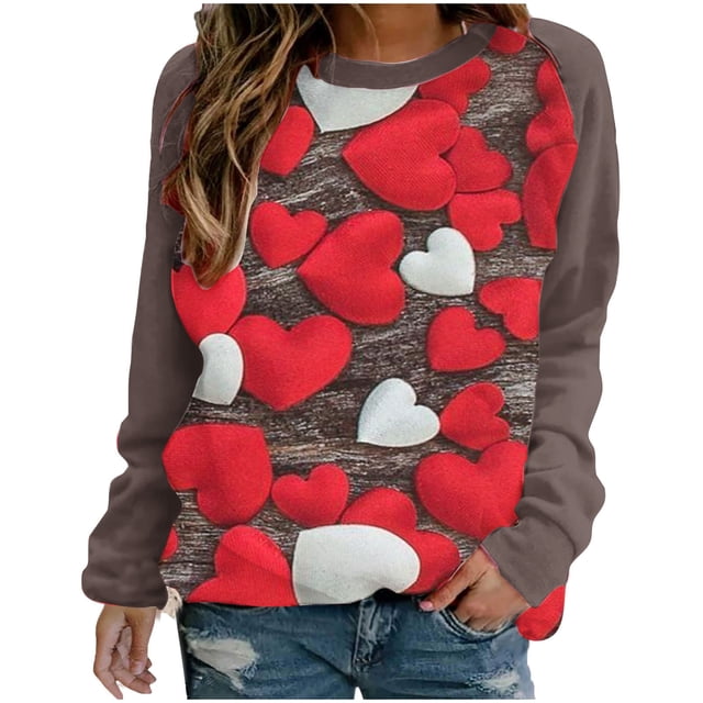 VALMASS Chandails en Molleton Col Rond pour Femmes Saint-Valentin Imprimé Floral Manches Longues Mode Décontractée Blouses Sans Capuche (TG, Rouge)