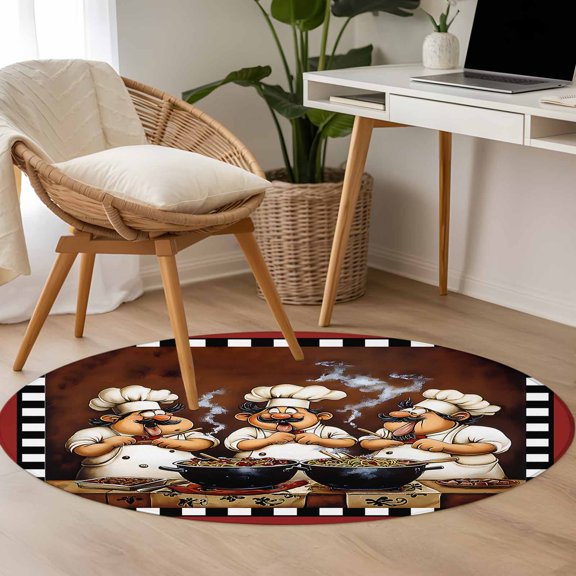 Funny Chefs 3.3ft Round Rug for Bedroom Reading Corner, Chef Cooking Food Washable Non Slip Circle Area Rug