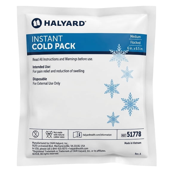 HALYARD Instant Cold Pack Disposable Cold Compress Ice Packs w/ Flocking for Swelling Injuries Toothaches Sprains Strains 6 X 6.5 Inches, 24 Packs Per Case - 51778