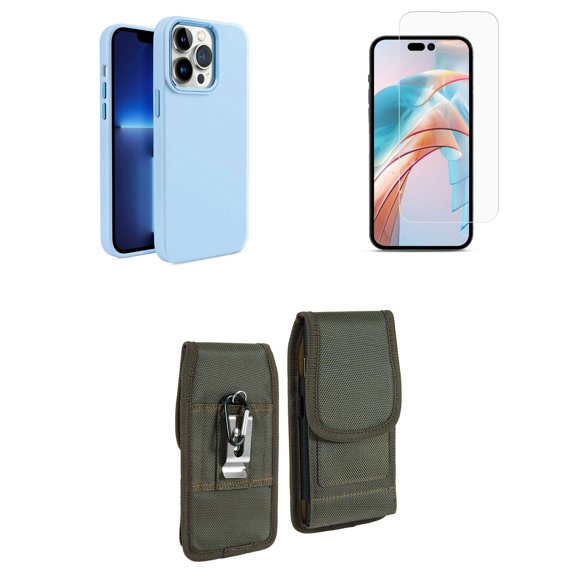 Bemz Phone Case for iPhone 15 Pro Max - Liquid TPU Silicone (Metal Buttons/Camera Edges) Protection Cover, Screen Protector, Vertical Rugged Nylon Belt Holster Pouch (Sky Blue)