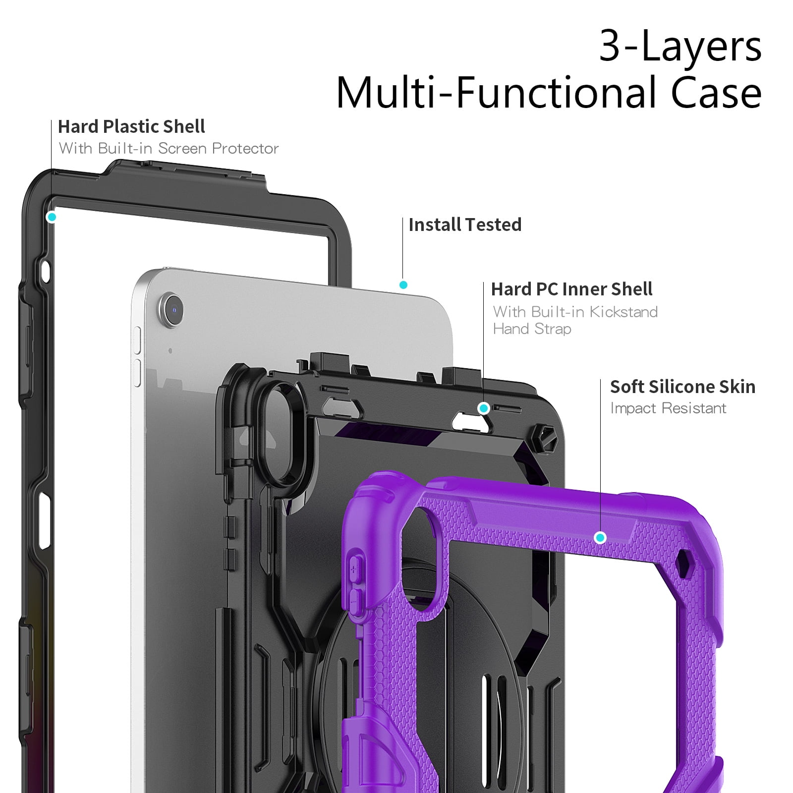 Mantto for iPad 10th Generation Case 10.9" 2022, Built in-Screen Protector with Pencil Holder/360 Rotation Stand-Shoulder Strap-Heavy Duty Shockproof Rugged Soft Silicone Protective Case, Purple