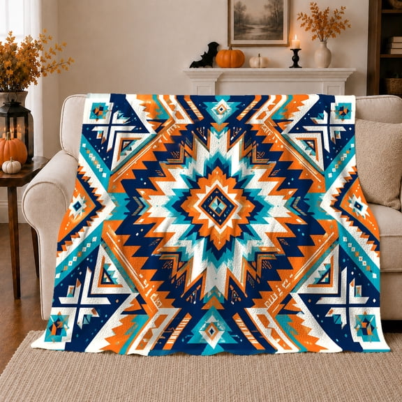 Desert Diamond Armchair Scene, Bold Rustic Geometric Folk Art Style for Boho Pattern Lovers, Orange Turquoise Motif and Housewarming Gift, Warm Flannel Blanket for Living Room Bedroom, Home Decor