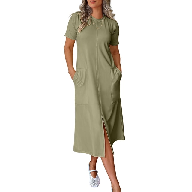 Vestido midi ANRABESS 2025, casual de verano, manga corta, verde militar