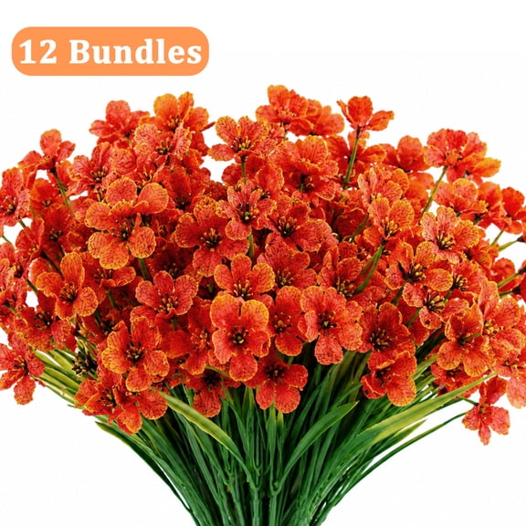 Topsome Fall Flowers for Outdoor Decor, 12 Bundles Artificial Violet Flowers, Faux Autumn Plants for Porch, Patio, Garden, Front Door, Decorations (Orange Red)