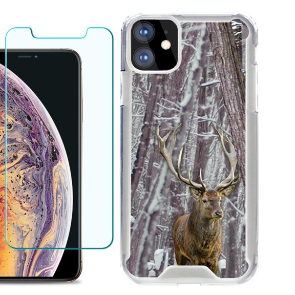 For Apple iPhone 11 Case, Hybrid Bumper Phone Case, with Tempered Glass Screen Protector, by OneToughShield ® - Deer/Snow/Camo