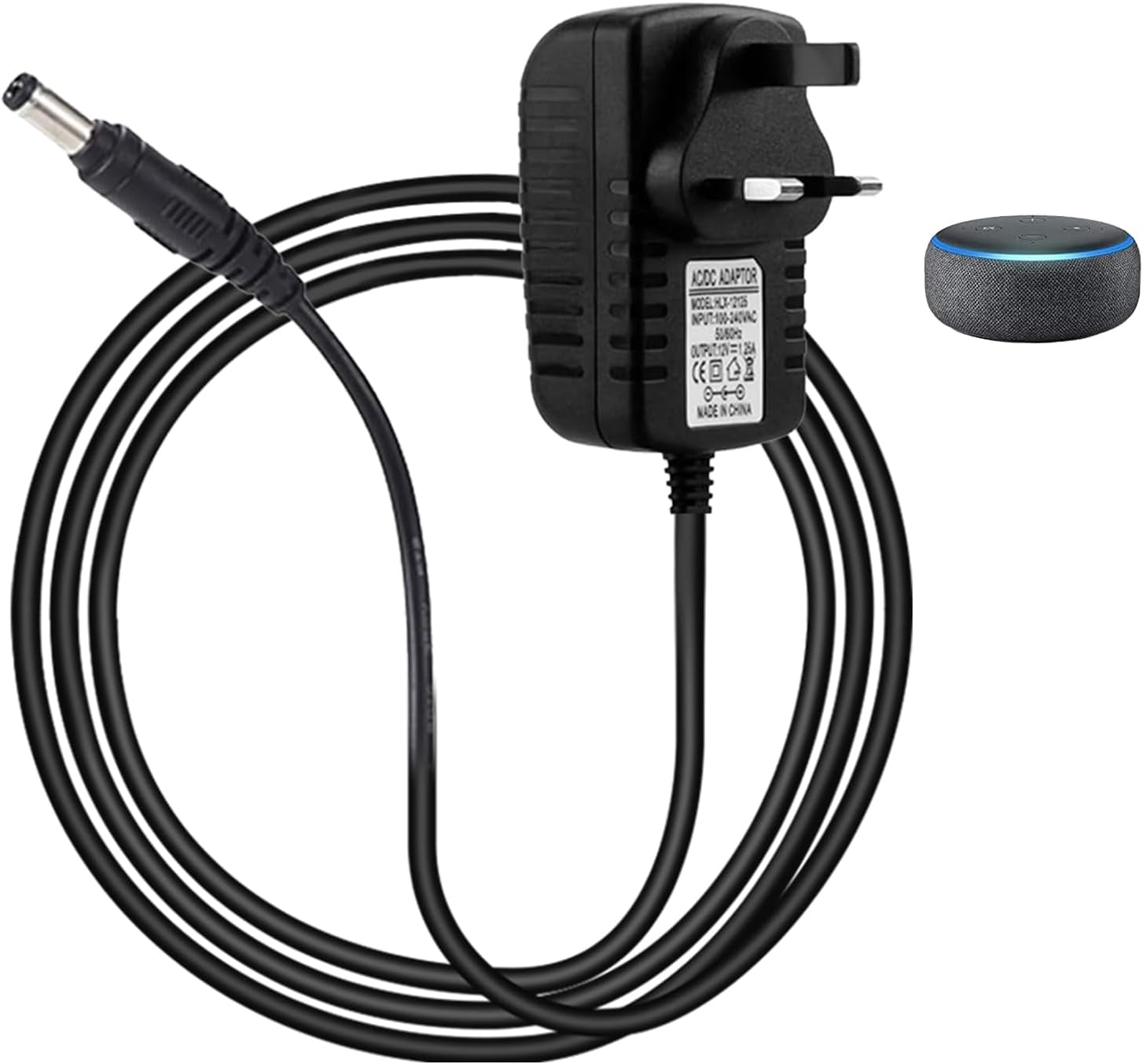12V 125A Power Supply Charger – 15W Replacement Adapter for Echo Dot 1st 3rd 4th 5th Gen – 40 × 17 mm Charging Cable – Compatible with Echo Dot with Clock Kids Edition Fire TV Cube