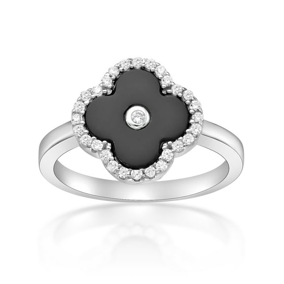 Black Onyx and Cubic Zirconia Four Leaf Clover Ring for Women in 925 Sterling Silver Size 6 by Lavari Jewelers