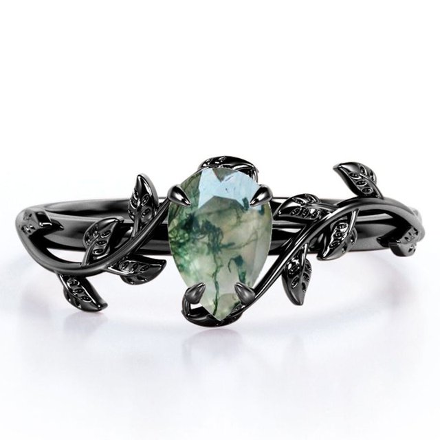 JeenMata Anillo de Compromiso de 4 Puntas con Diseño Botánico Ágata Verde Musgo Escénica de Corte en Forma de Pera de 1 Quilate; Baño de Oro Negro de 18 K sobre Plata