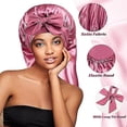 thumbnail image 3 of Gorro de satén, gorro de seda para dormir para mujer, gorro de pelo largo, gorro de doble capa con banda para atar para cabello rizado, gorro para dormir de 25,9 pulgadas, rosa, 3 of 3