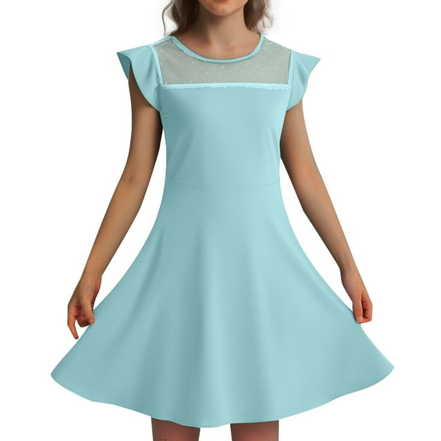 MIASHUI Girls Summer Casual Party Dress with Ruffle Sleeves and Mesh A-Line Design Featuring Convenient Pockets for Kids Light Blue,5-6 Years