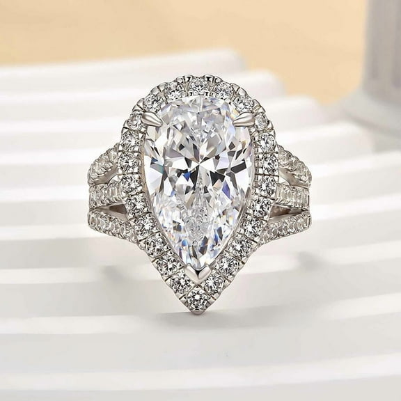 Veda Jewel Pear Shape 2 Ct Simulated Diamond Engagement Ring - Halo & Prong Setting - 14K White Gold Plated with Three Stone Look - Ideal Wedding Jewelry Gift