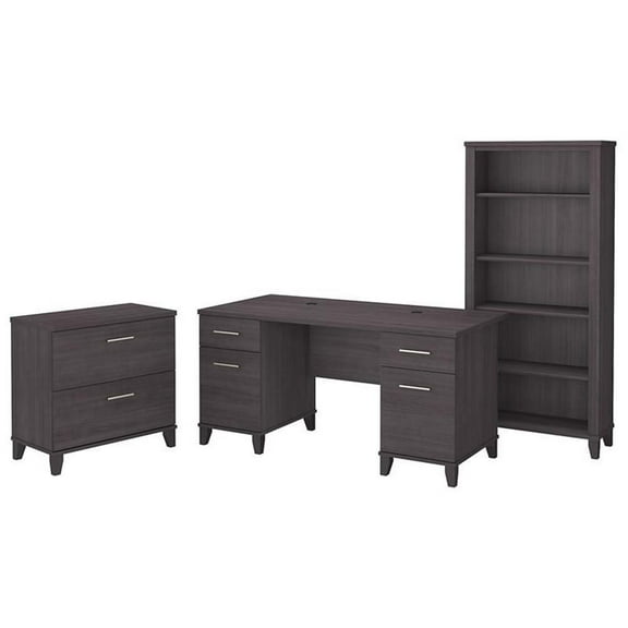 Pemberly Row Engineered Wood 60W Desk w/ File Cabinet & Bookcase in Storm Gray