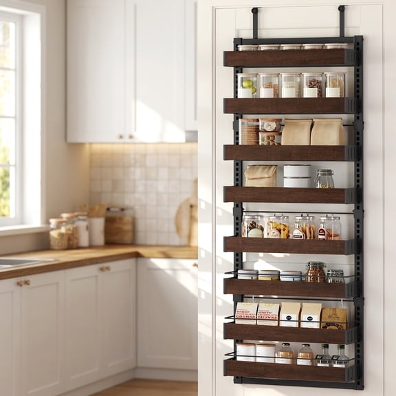 LEDREM Pantry Door Organizer, 8-Tier Adjustable Wall Mount Spice Rack, 16.9 x 6.2 x 71.7 Inches, Black and Tan