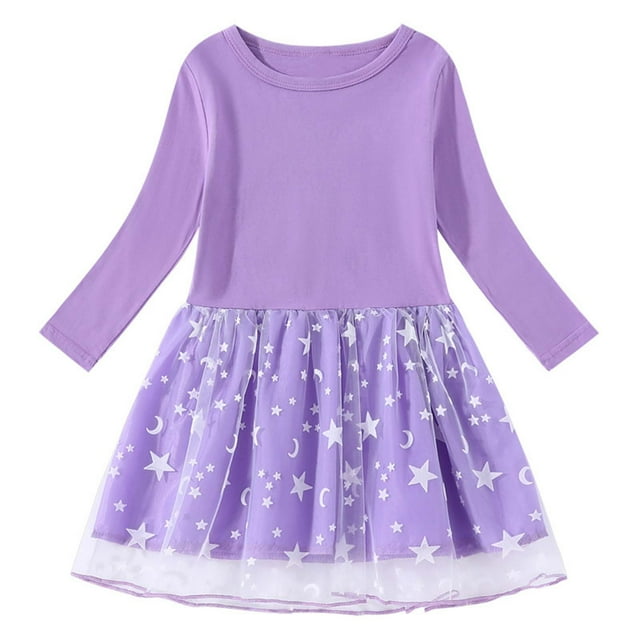 COM1950s Robe Longue avec Manches, Robe en Coton à Manches Longues et Col Rond pour Filles avec Empiècements en Mesh, Jupe Décontractée Ample et Confortable, Robe d'Été Décontractée