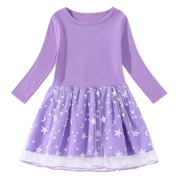 Économies d'Automne! HVOBTTY Robe Décontractée à Manches Longues pour Filles Robe à Col Rond avec Empiècements en Mesh Jupe Ample et Confortable Violette 6 Ans