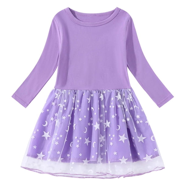 Odeerbi Niñas Manga Larga Vestido Tul Lentejuelas Primavera Otoño Algodón Cuello Redondo Malla Empalme Vestido Suelto