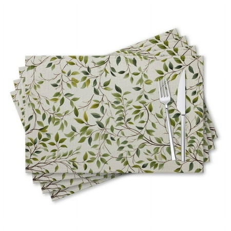 

BaHomeck placemats Set of 4 rectangle Linen Cotton Placemats for Dining Table Washable Heat Resistant 18*12inch Hand-Painted Leaves And Branches On White Background
