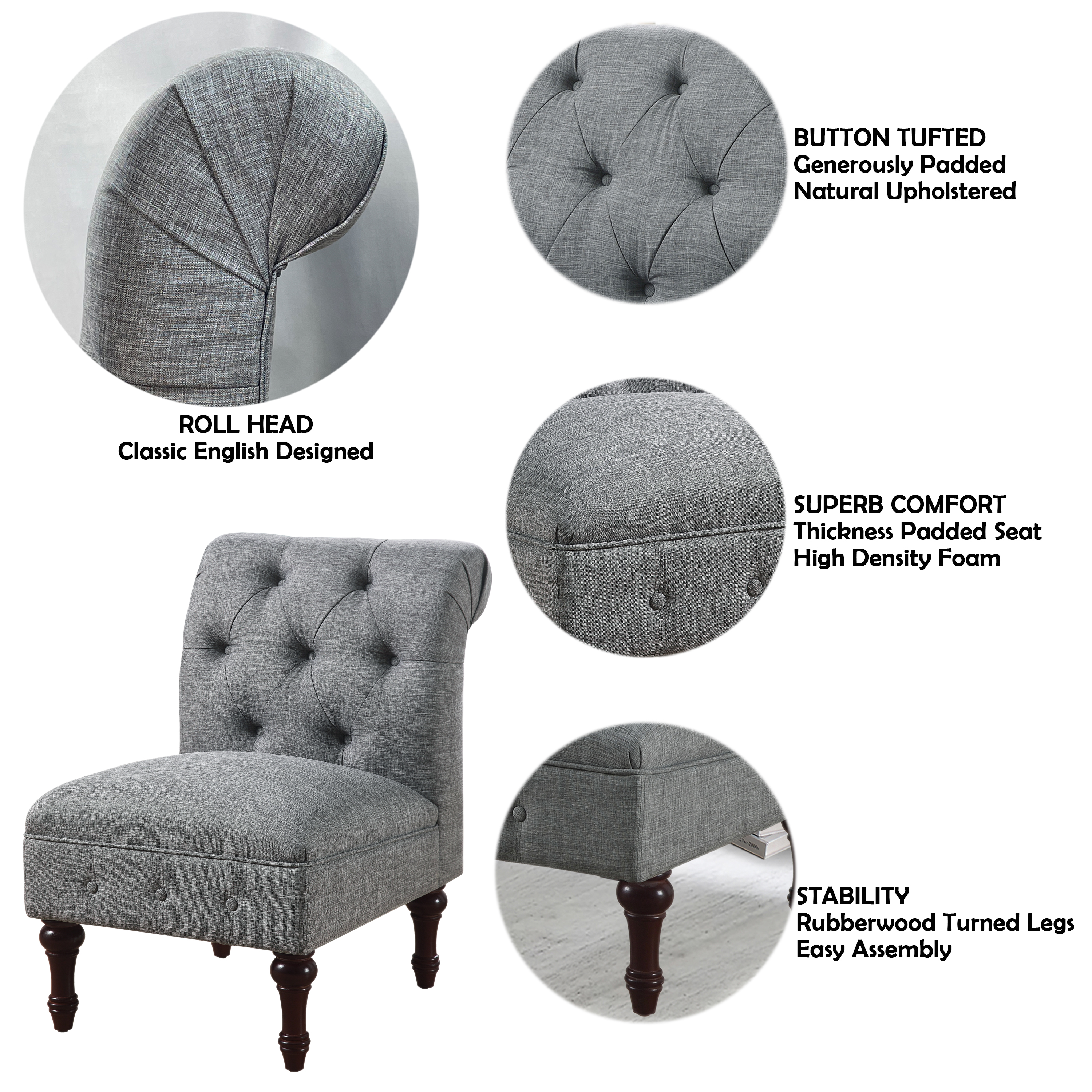 Gewnee Armless Royal Chair,Linen Gray Button-Tufted Accent Chair With Rubberwood Legs