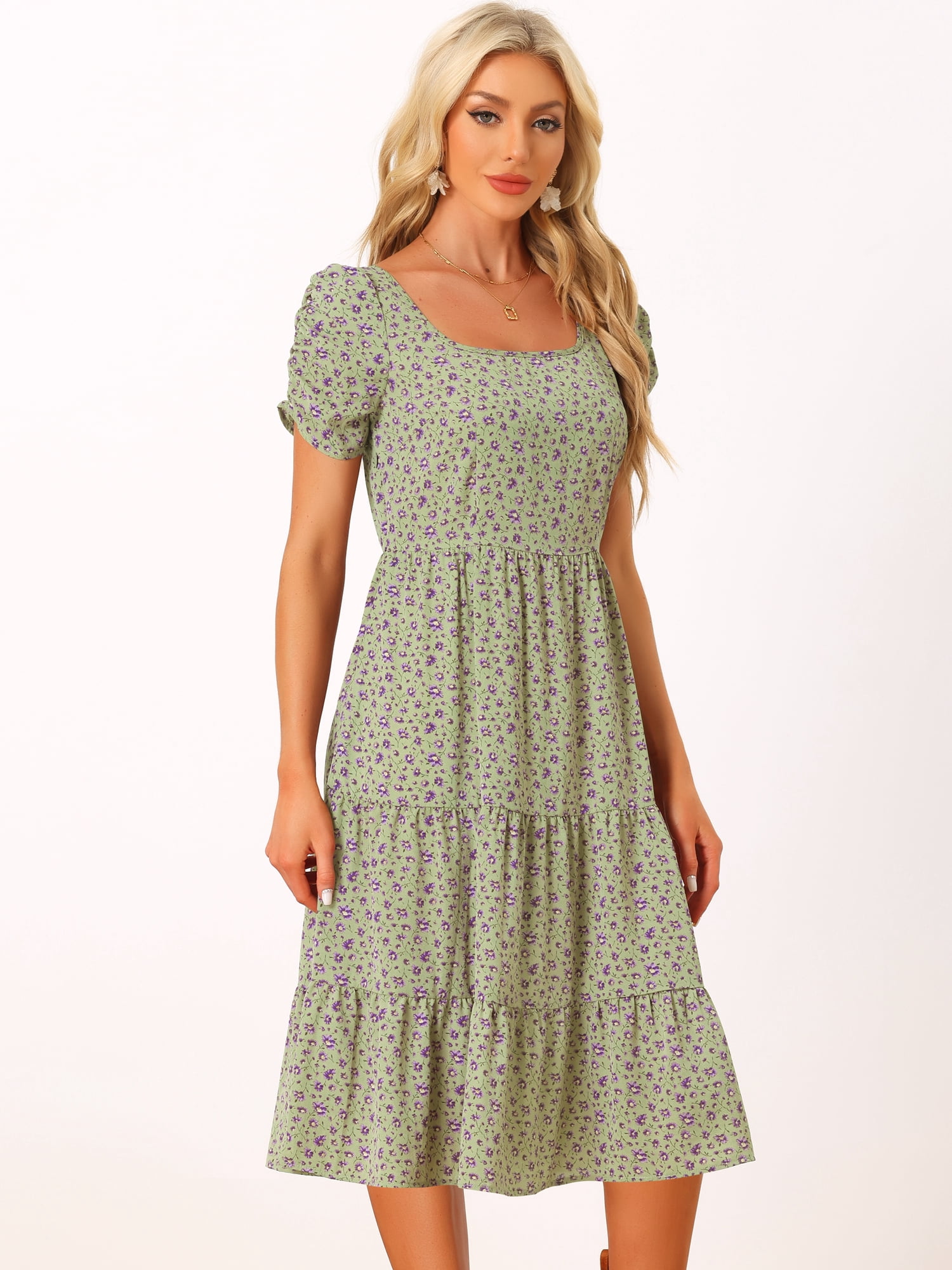 DARING DIVA Square Neck Puff Tiered Ruffled Hem Dress M Green Purple