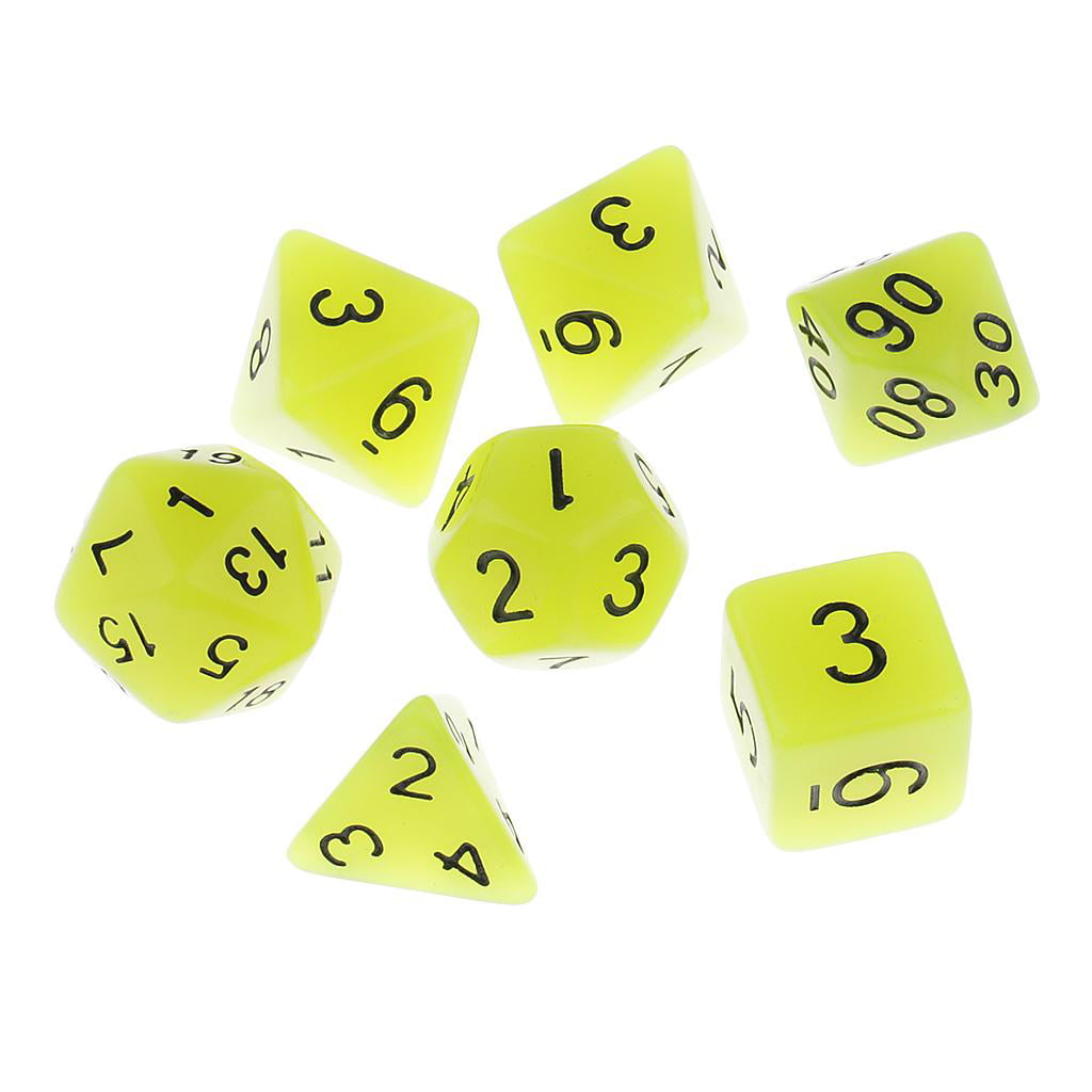 7pcs Plastic Multi-sided Glow Dice D4-D20 Table Card Game Accessory Green 