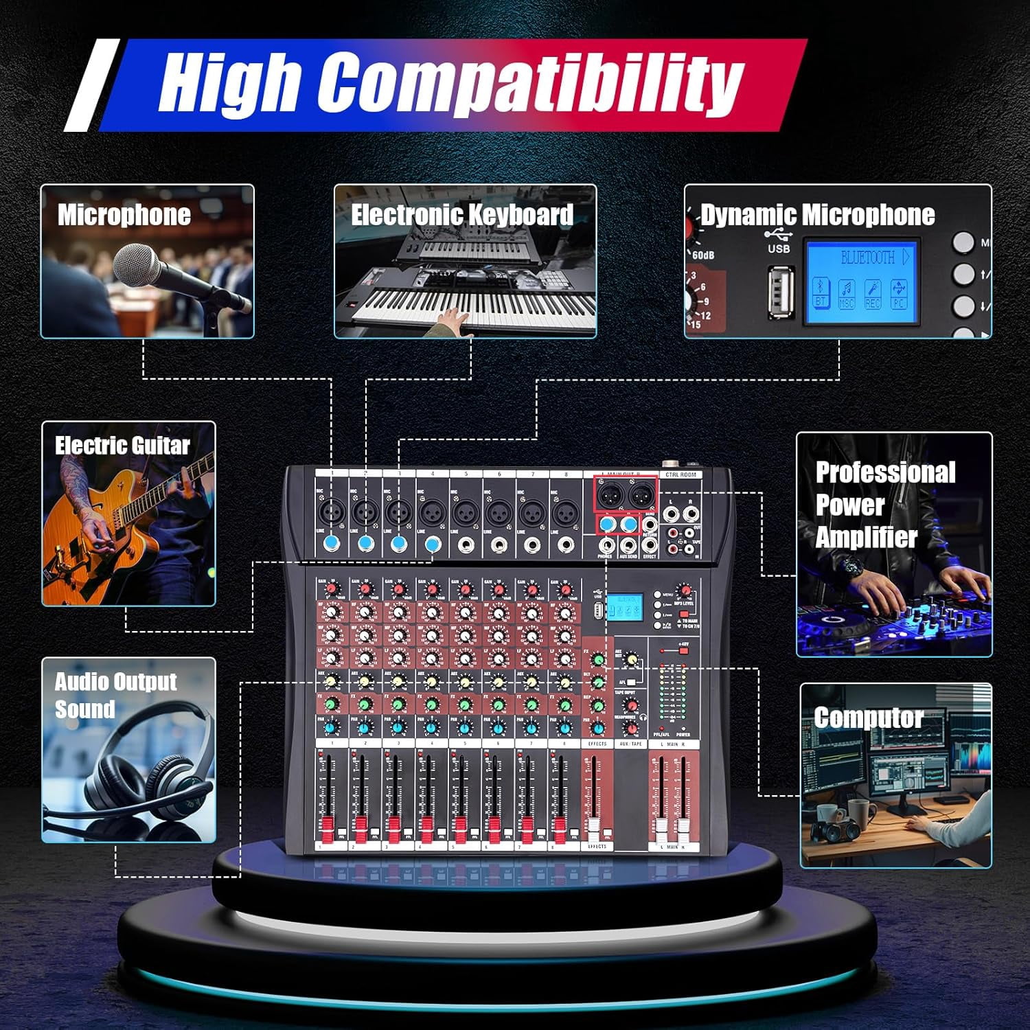 Professional Audio Mixer Board 8 Channel DJ Mixer Studio Equipment, Bluetooth DJ Mixer with 48V Phantom Power, Sound Mixing Console USB Digtal Mic for Karaoke Podcasting