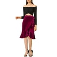 thumbnail image 2 of Allegra K Women's Split Ruffle Trim Tie Velvet Knee Length Wrap Asymmetrical Skirt, 2 of 6