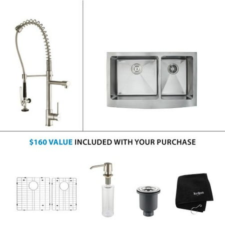 Kraus Farmhouse Double Bowl Stainless Steel Kitchen Sink, KPF-1602 Commercial Pull Down Kitchen Faucet, Soap Dispenser