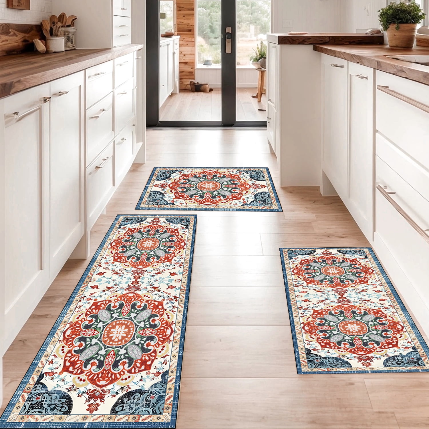 TECHVIDA Kitchen Rugs Sets 3 Piece with Runner Non Slip Kitchen Mats for Floor Washable Bohemian Runner Rug Kitchen Floor Mat Carpet for Hallway Laundry Room Door Office Sink