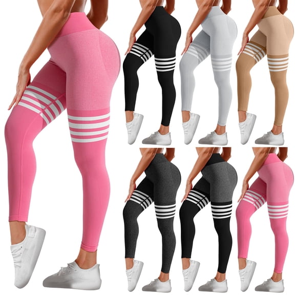 Women's High Waisted Striped Leggings, Butt Lifting Yoga Running Pants, Quick-Dry Breathable Workout Pants for Fitness, Outdoor, Travel and Casual Wear-Black