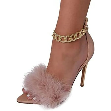 

Sandals for Women Dressy Summer Pointed Toe Stiletto Heels Fuzzy Ankle Chain Strappy Slip On Sexy Womens Sandals