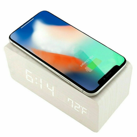 Modern Home Wooden Wood Digital LED Desk Alarm Clock Thermometer Qi Wireless Charger For iphone