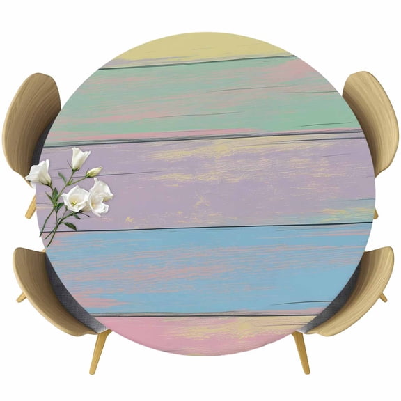 Round Table Cover 45-54 Inch Easter Waterproof Reusable Table Cloth Round Fitted Vinyl Tablecloth with Elastic Edged for Parties Outdoors, Farmhouse Ombre Colorful Wooden Grain Retro
