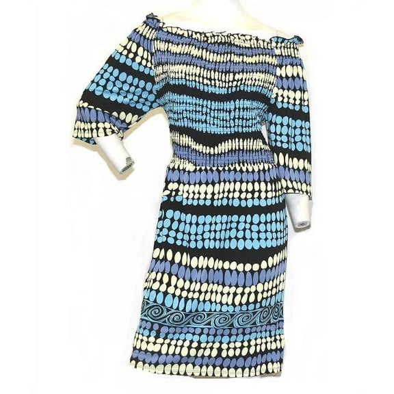 Masseys Women's Tribal Smocked Dress in Blue-Multi - 16