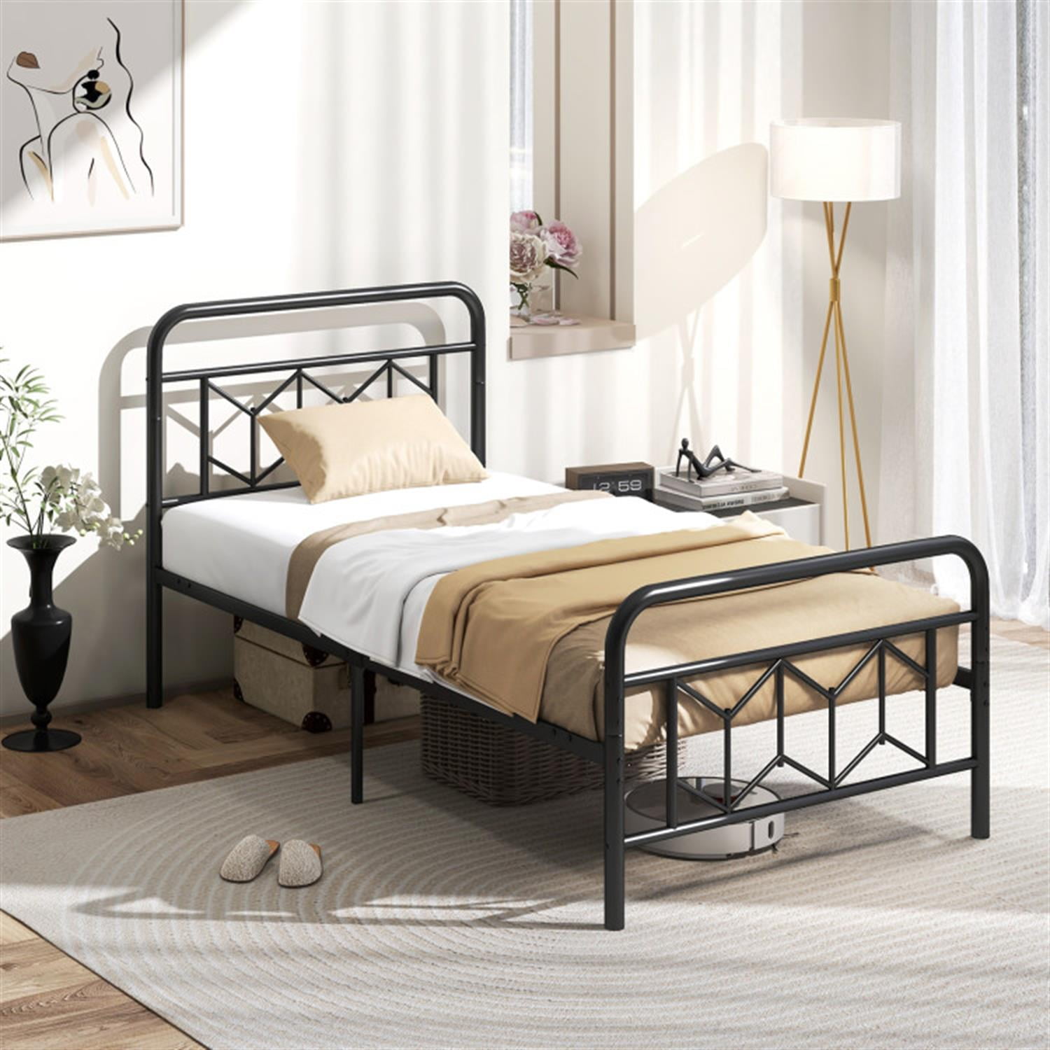 Demi Bonn Twin Size Bed Frame with High Headboard and Snap Lock Metal Slats, Platform Bed Frame with Under Bed Storage, No Box Spring Needed, Black