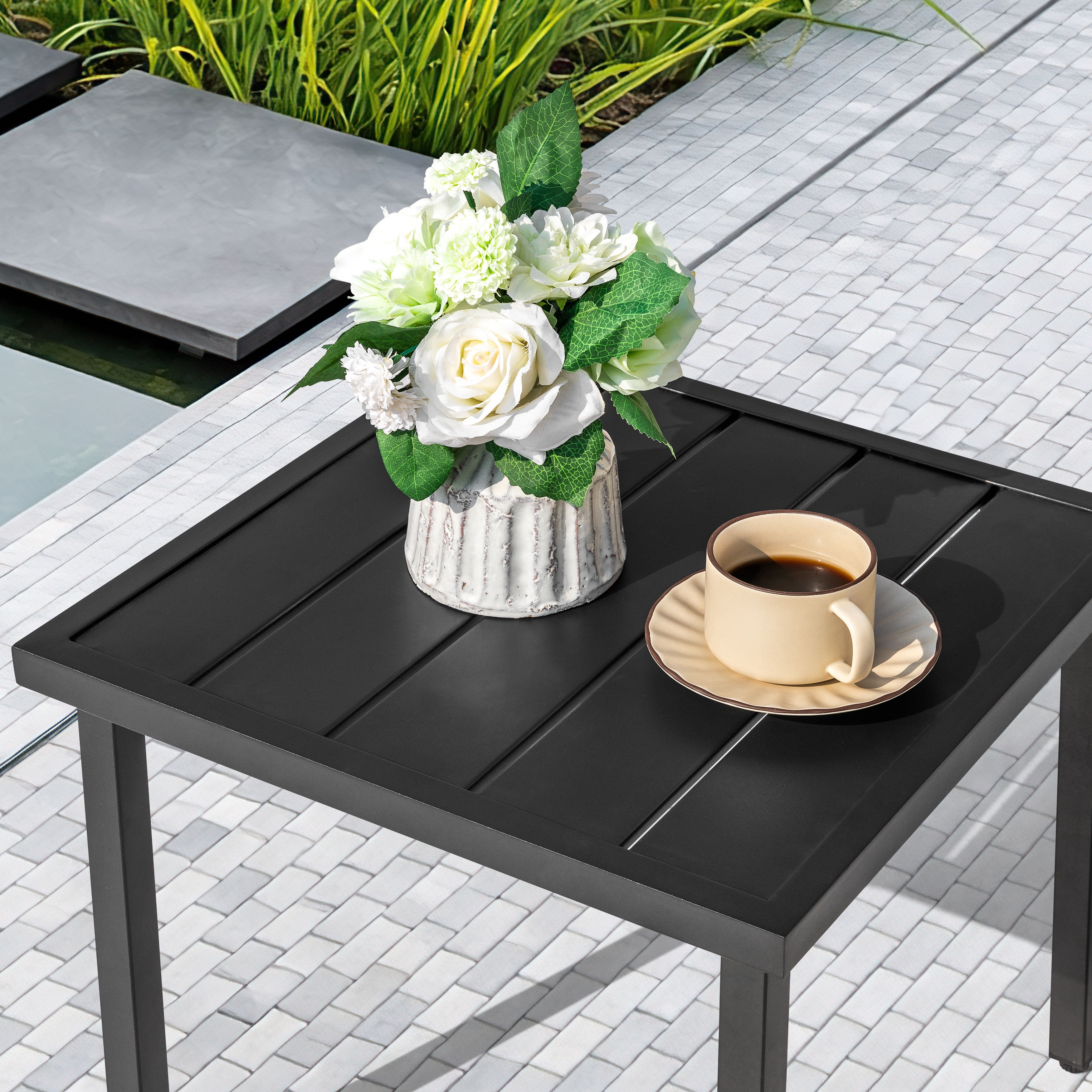Nuu Garden Square Metal Outdoor Side Table, Patio Bistro Table, Outdoor Square End Table, Black